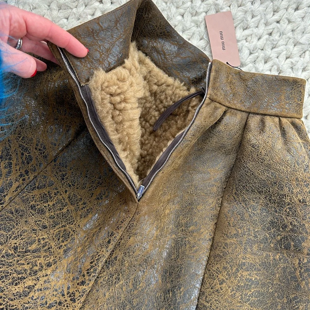 Miu Miu Brown Textured Leather & Sheep Skin Circle Skirt - Picture 9 of 15
